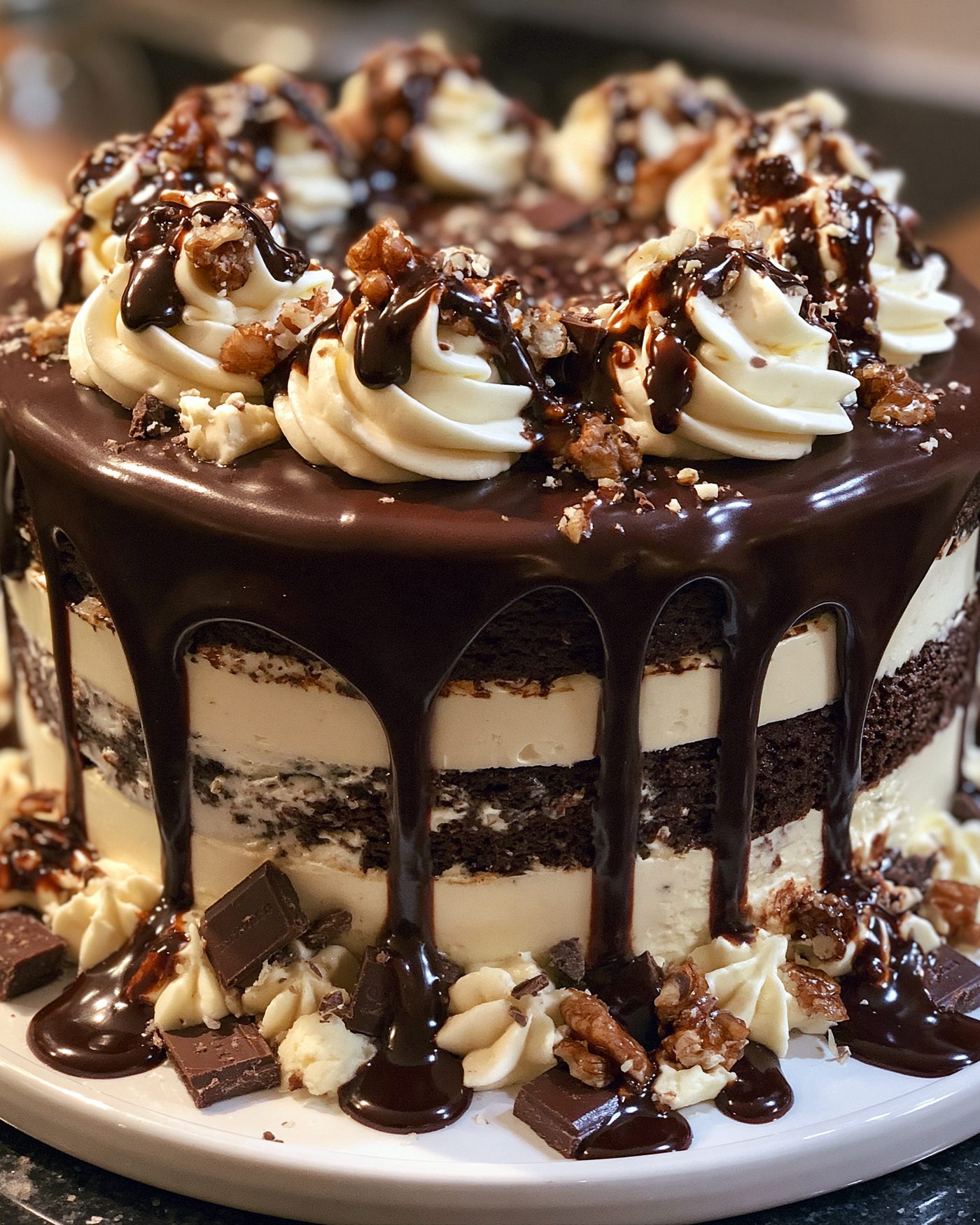 Chocolate drip layer cake with cream and walnuts