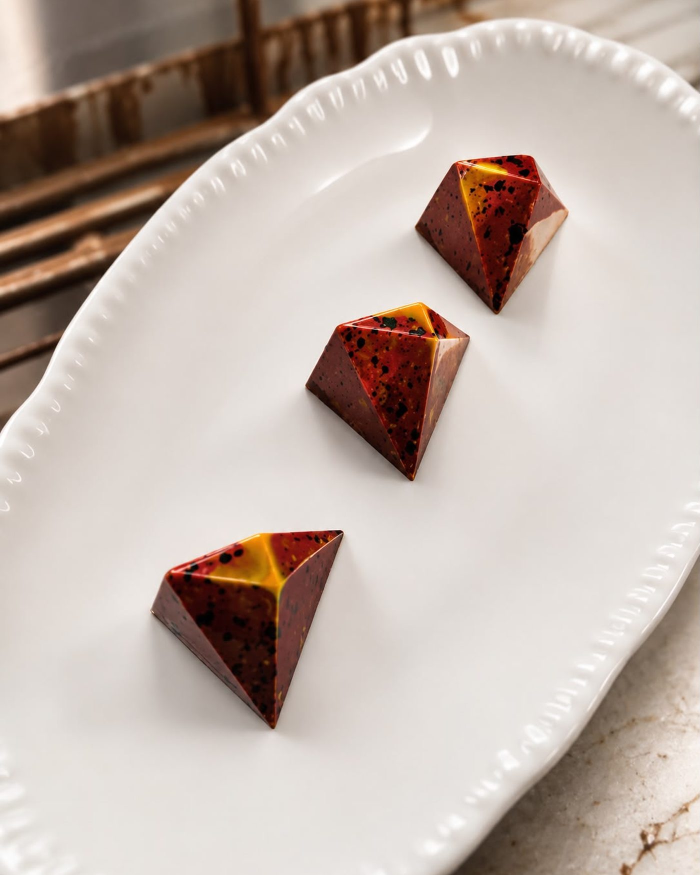 Hand-painted geometric chocolate bonbons on a plate