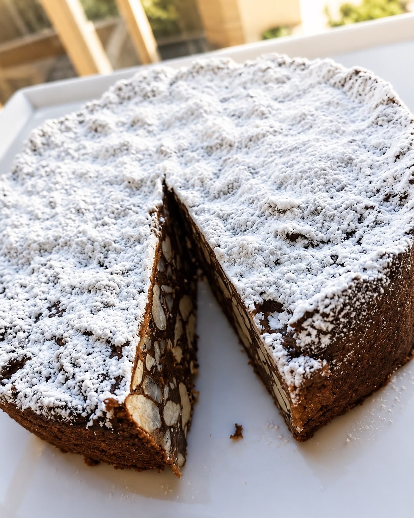 Flourless almond and chocolate torta caprese dusted with icing sugar