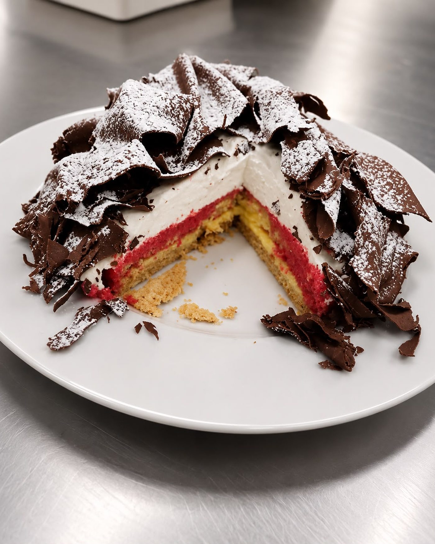 Chocolate and raspberry gâteau topped with chocolate shards and icing sugar
