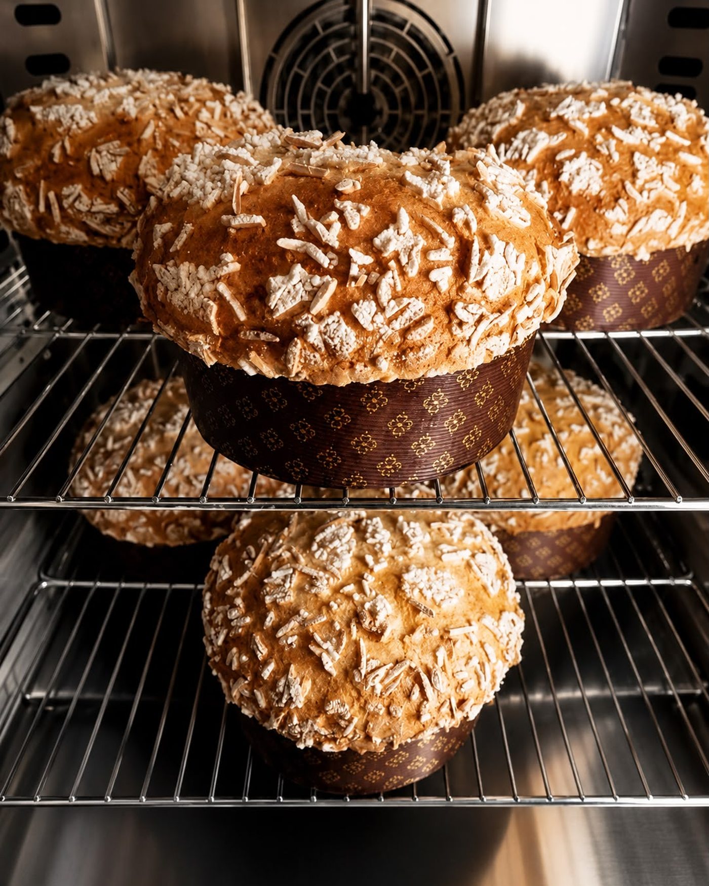 Panettone proving in branded paper cases in the oven